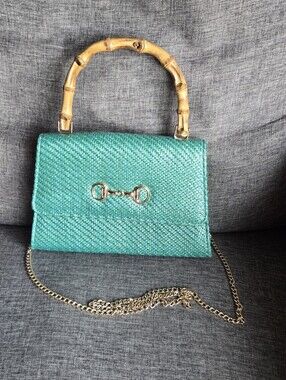 NWT Turquoise Woven Bamboo Handle Bag with Chain Strap & Goldtone Bit Accent